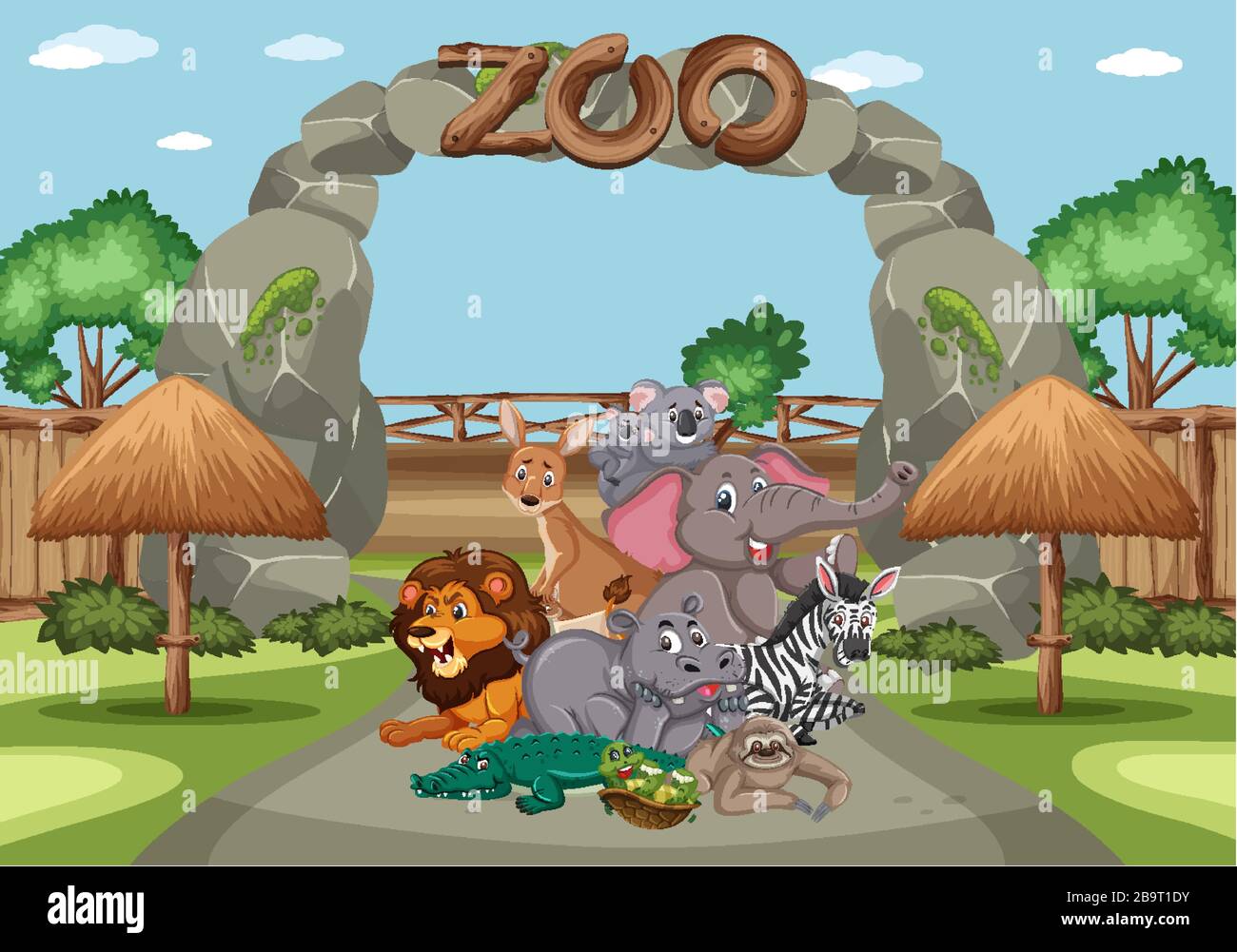 Scene with wild animals in the zoo at day time illustration Stock ...