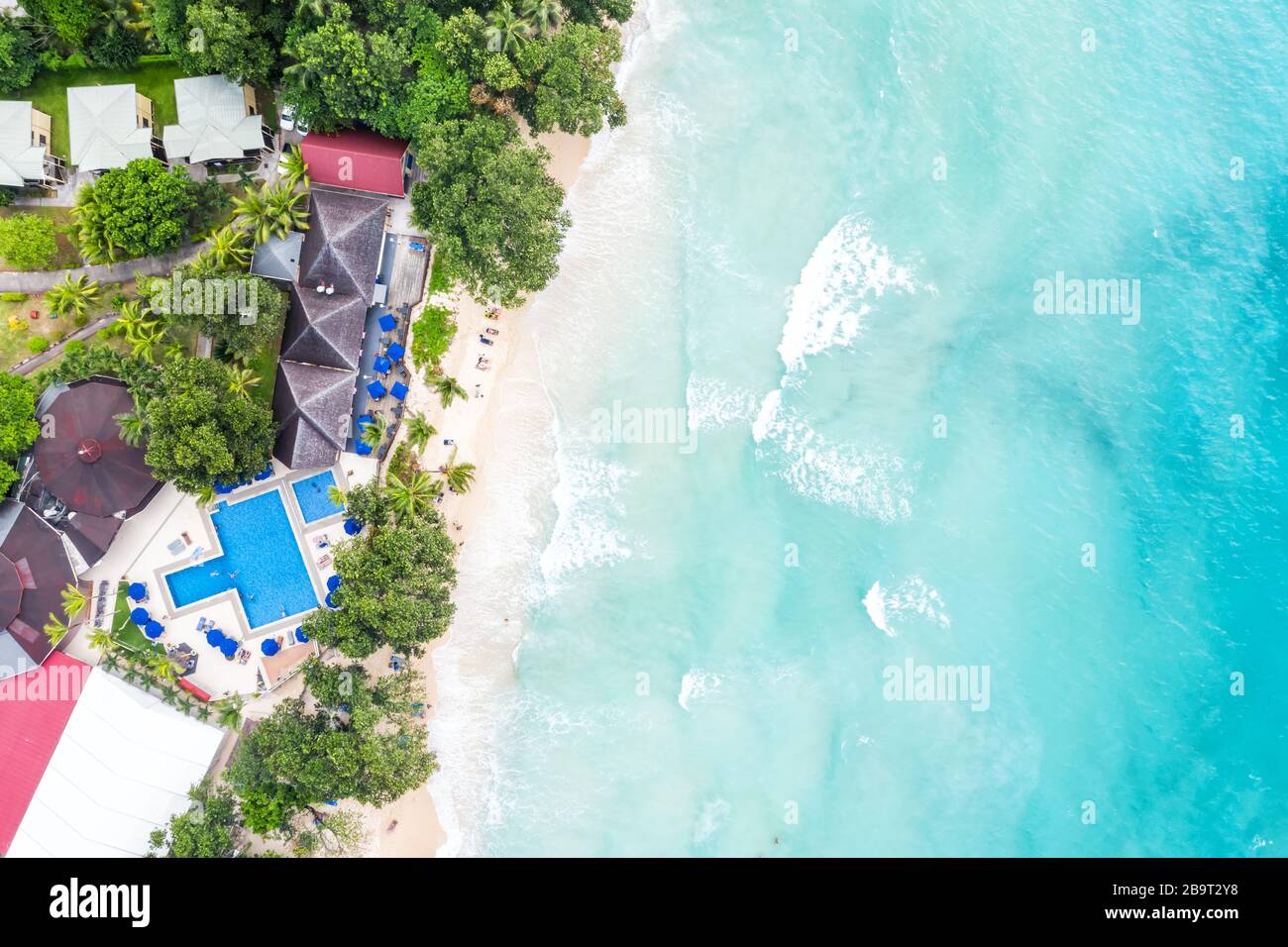 Seychelles beach Mahé Mahe island luxury villa vacation paradise ocean drone view aerial photo photography Stock Photo
