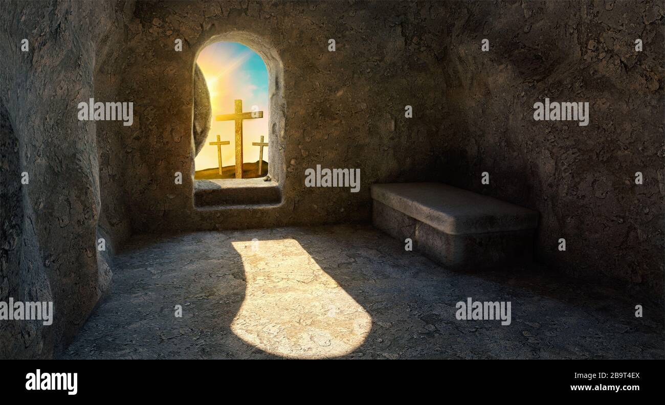 He is Risen. Empty Tomb. Crucifixion at Sunrise. -3d rendering. - Illustration. Stock Photo
