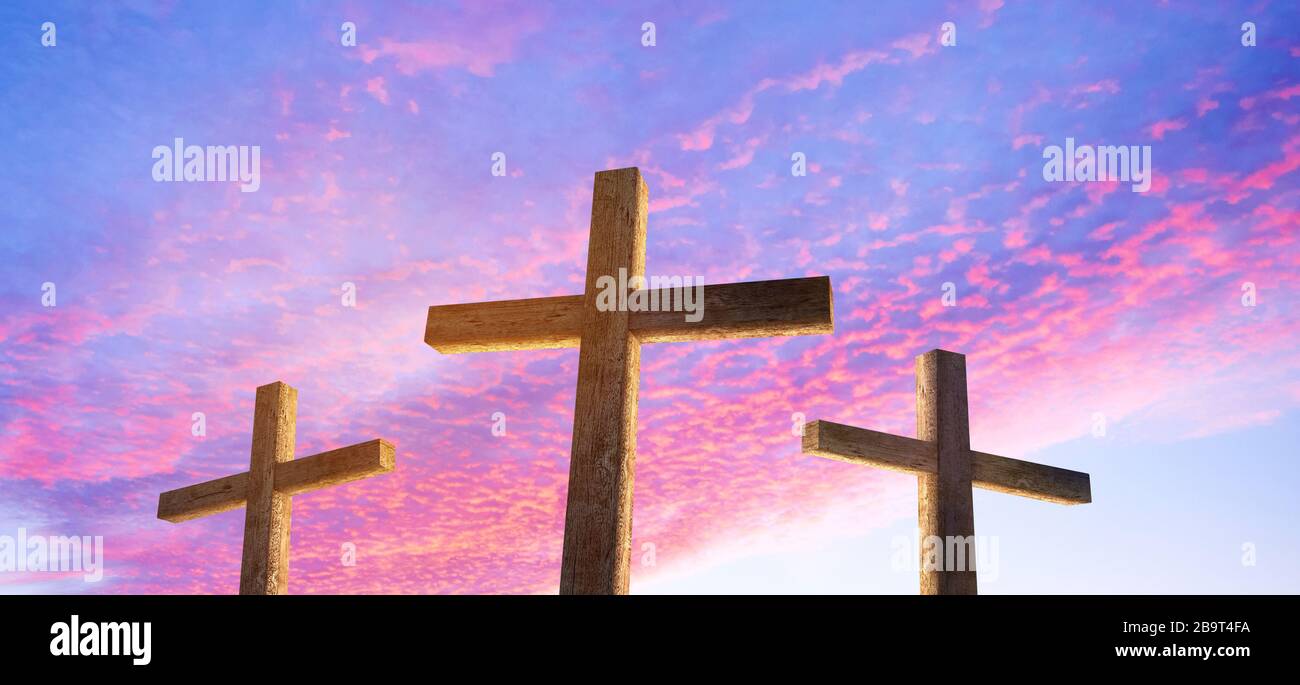 Three Crosses against a bright sunrise sky Stock Photo Alamy