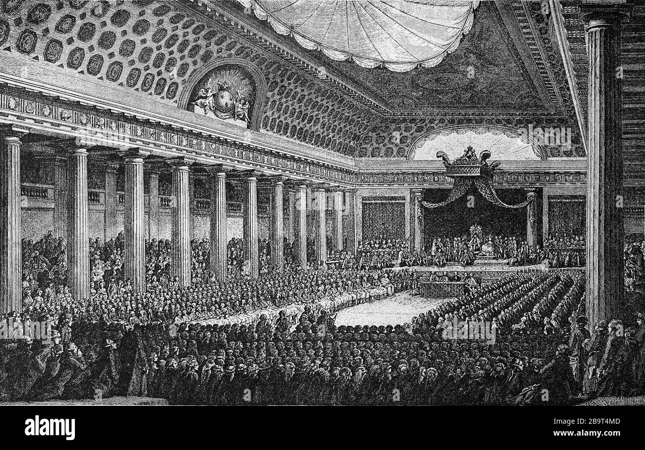 The opening of the Estates General on 5 May 1789, France, In France, general estates are the assembly of representatives of the three estates clergy, nobility and the third estate, first convened in 1302  /  Die Eröffnung der Generalstände am 5. Mai 1789, Frankreich. Als Generalstände bezeichnet man in Frankreich die erstmals 1302 einberufene Versammlung von Vertretern der drei Stände Klerus, Adel sowie dem Dritten Stand, Historisch, digital improved reproduction of an original from the 19th century / digitale Reproduktion einer Originalvorlage aus dem 19. Jahrhundert, Stock Photo