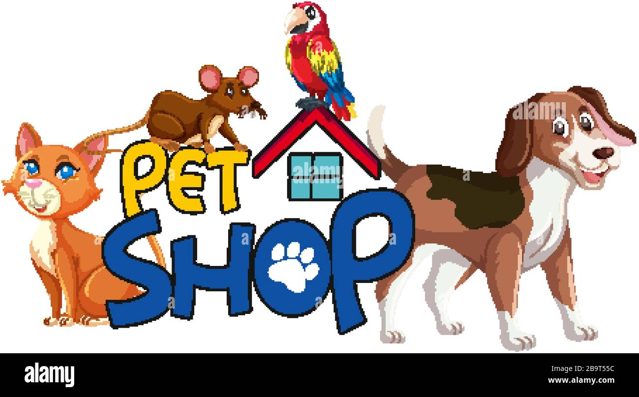 Font design for word pet shop with many animals illustration Stock