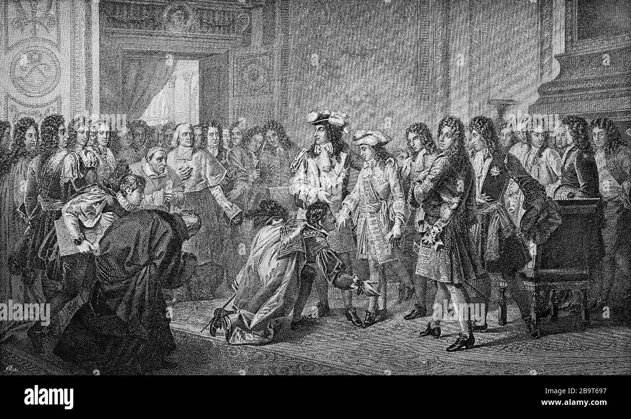 Louis XIV proclaims a grandson Philip as King of Spain, 16 November 1700, Louis XIV, Louis XIV ( 5 September 1638 - 1 September 1715), Prince, House of Bourbon, 1643 until his death, King of France and Navarre, Historical, King, France, France, king  /  Ludwig XIV. proklamiert einen Enkel Philipp als König von Spanien, 16. November 1700, Ludwig XIV., Louis XIV ( 5. September 1638 - 1. September 1715), Prinz, Haus Bourbon, 1643 bis zu seinem Tod, König von Frankreich und Navarra, Historisch, König, Frankreich, France, king, digital improved reproduction of an original from the 19th century / di Stock Photo