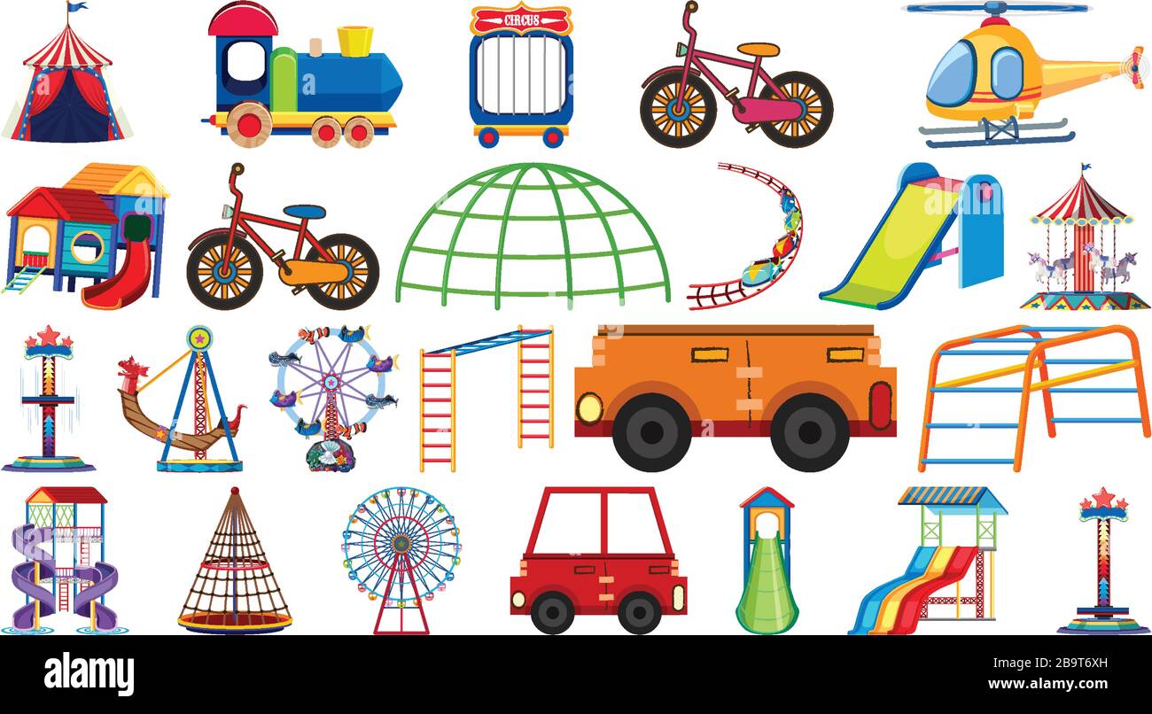 Large set of different rides and transportations on white background ...