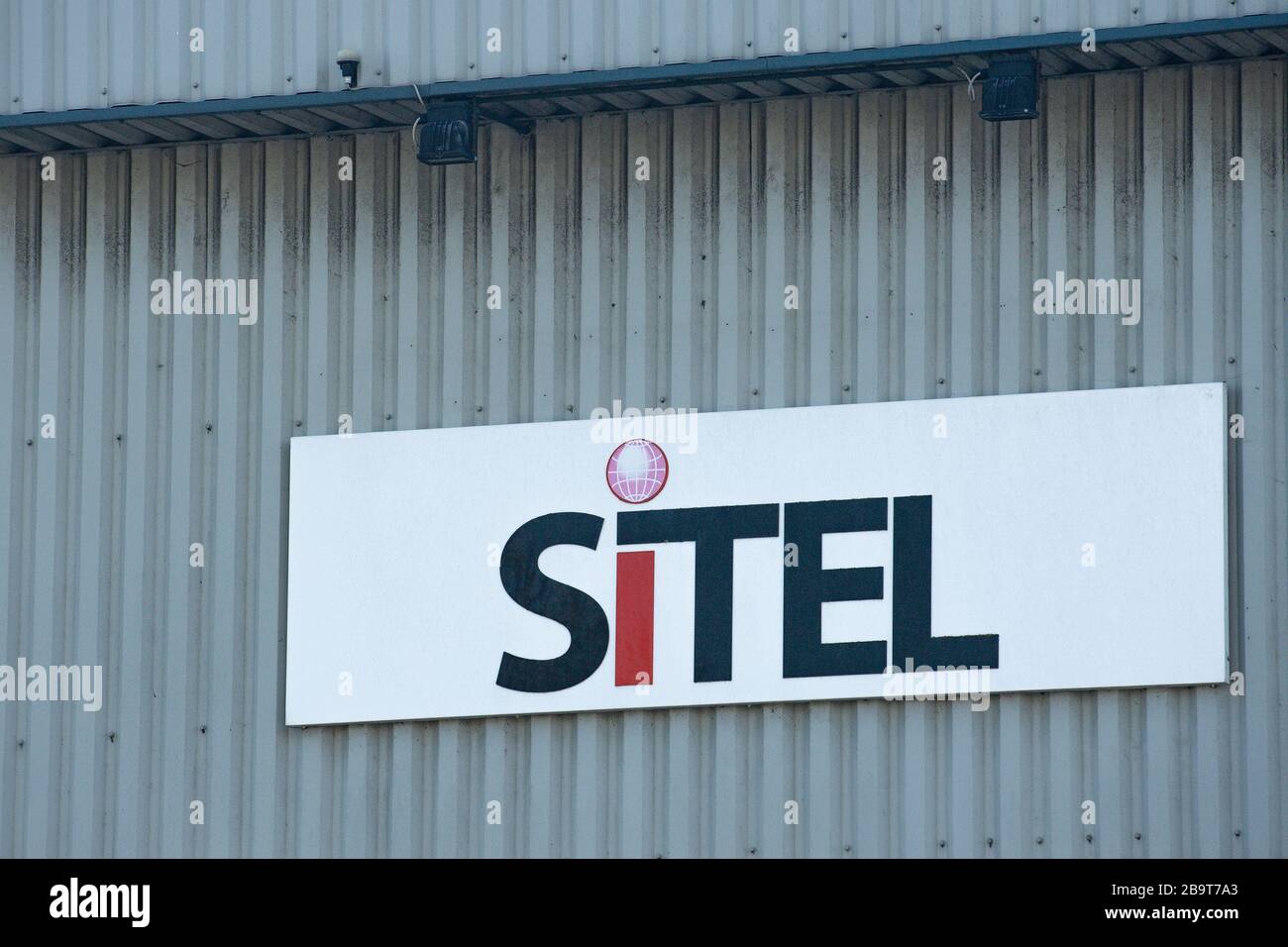A sign at one of Sitel's two sites in Stratford-on-Avon in Warwickshire, as the call centre outsourcing firm, which helps to provide NHS England's 111 advice service, has directed staff to follow stricter social distancing amid a claim that space at one of its offices had been 'maxed out' due to new recruits. Stock Photo