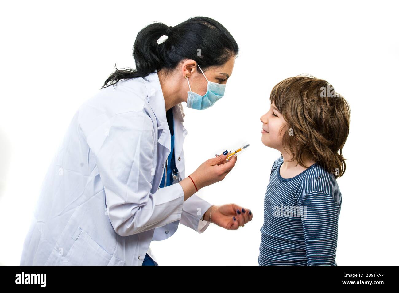 Doctor explain to a kid boy about vaccine isolated on white background ...
