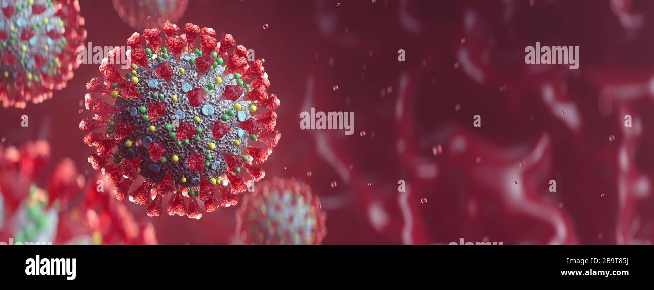 COVID-19 Coronavirus header background with copy space. Flu Sars-CoV-2 virus-cell under the microscope. 3d render. Stock Photo