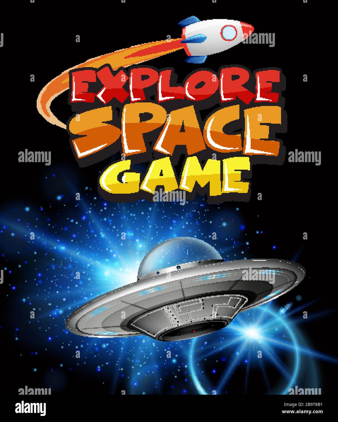 Scene with spaceship flying in the dark galaxy illustration Stock ...