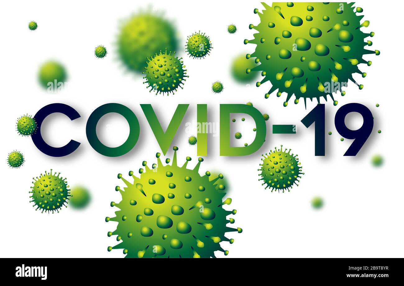 COVID 19 Coronavirus Disease Pandemic Banner with Multiple Green Viruses Illustration Stock Photo