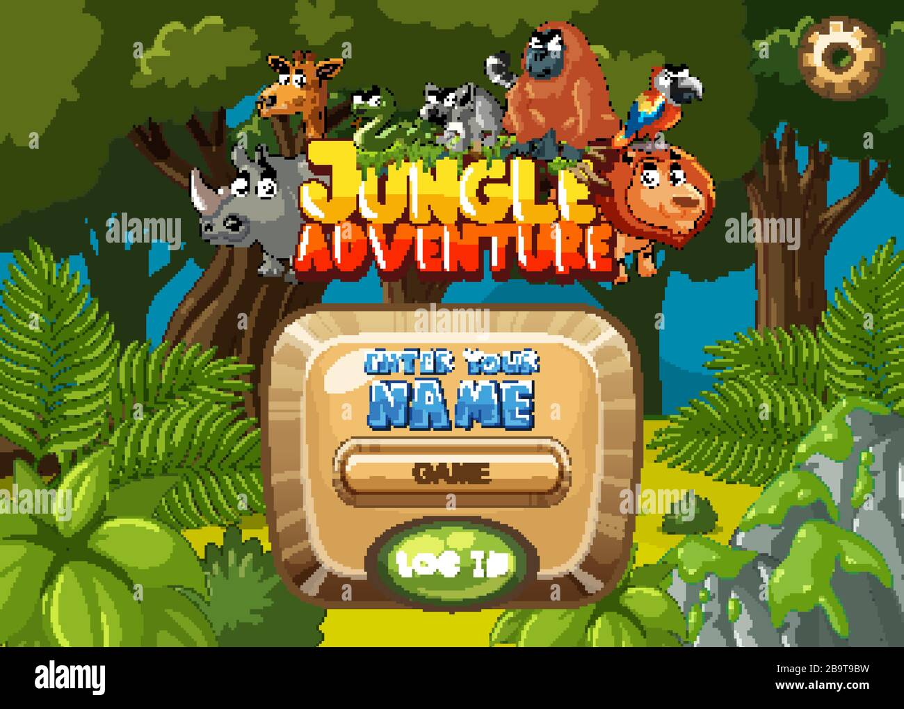 Game template design with trees and animals in forest background ...