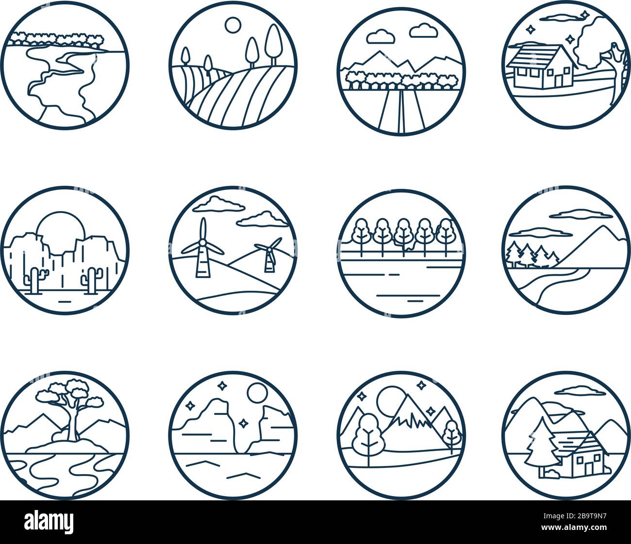 Landscapes line style icon set design, nature earth eco ecology ...