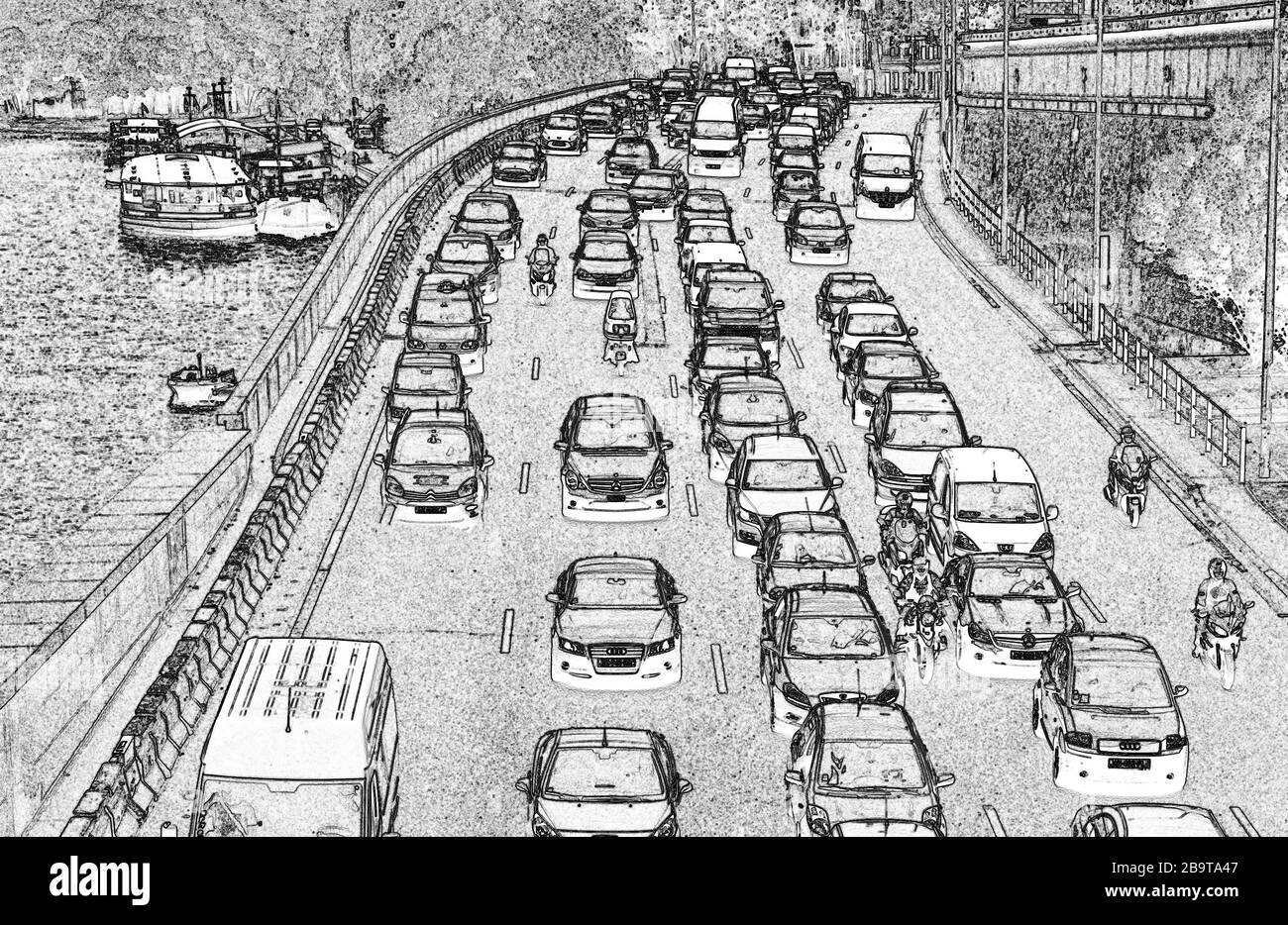 City street traffic jam linear perspective sketch Vector Image