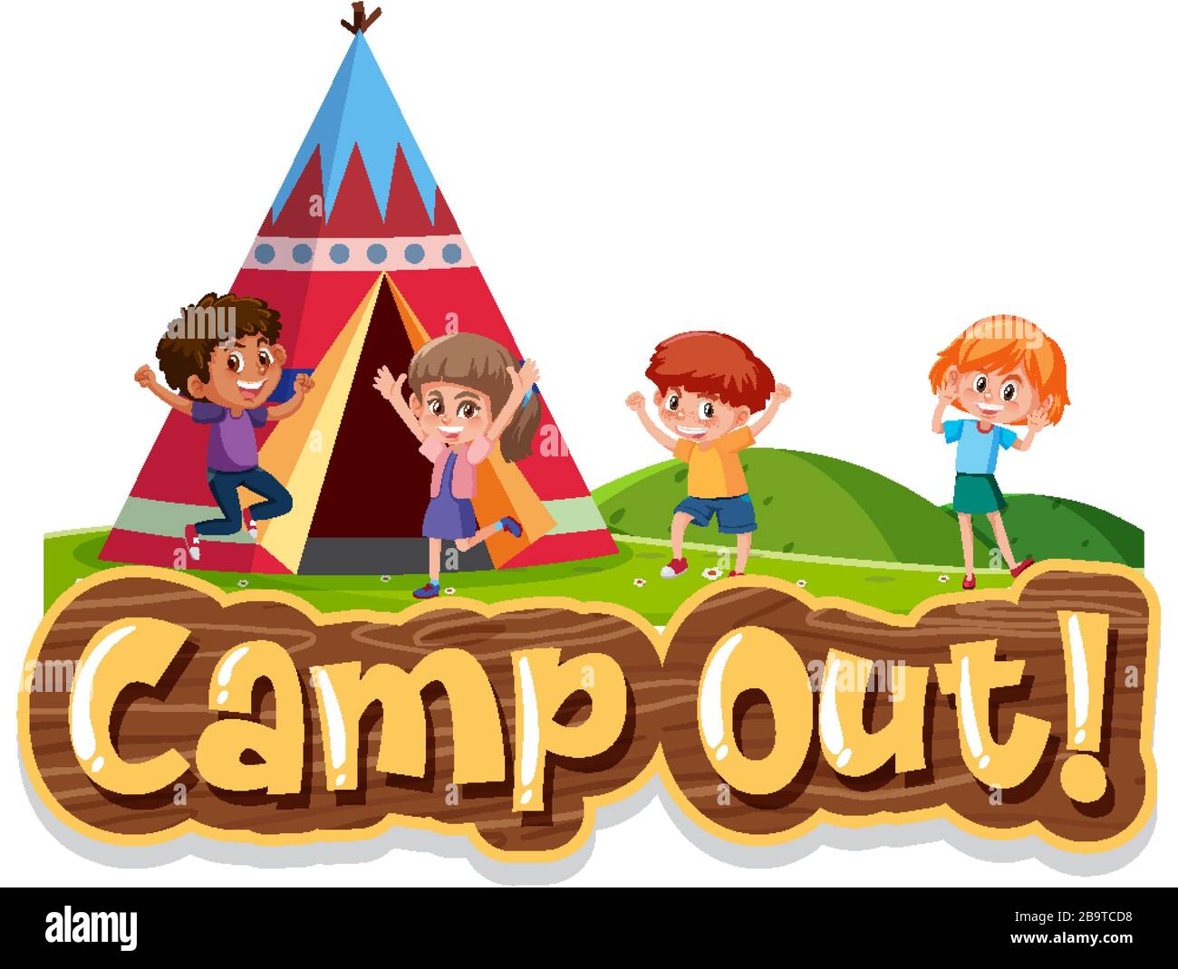 Font design for word camp out with kids at campsite illustration Stock