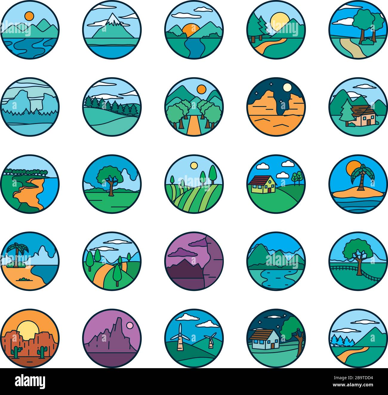 Landscapes line and fill style icon set design, nature earth eco ...