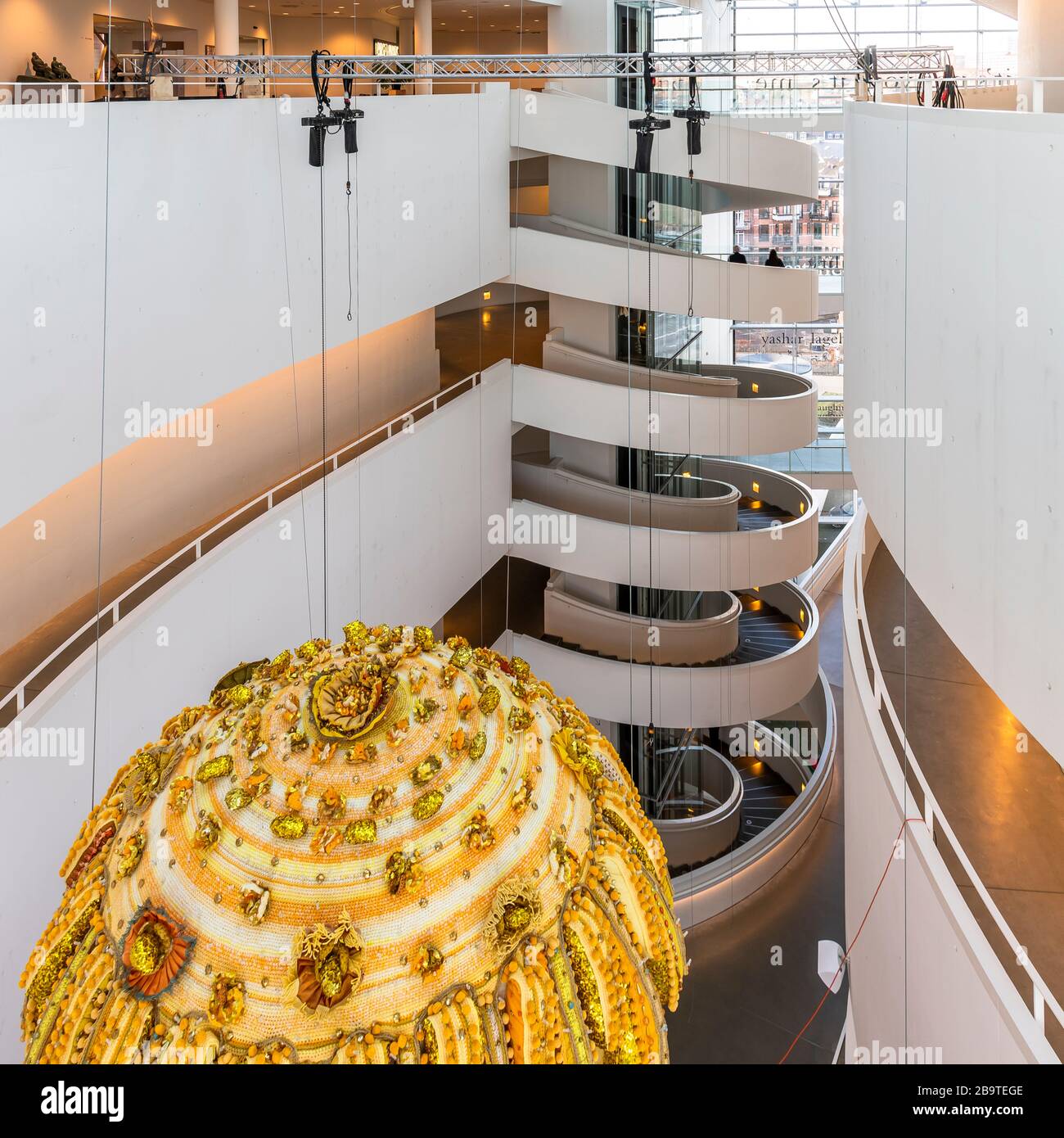 Inside the ARoS art gallery in Aarhus, Denmark. Designed by architects Schmidt Hammer Lassen. Galleries are accessed via a central spiral staircase. Stock Photo