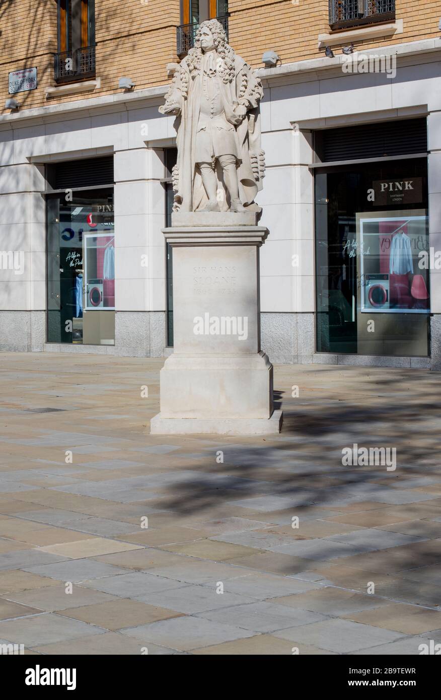 Statue of Sir Hans Sloane, 1st Baronet, PRS FRS in Duke of York Square, near Sloane Square, Kensington, London, UK; sculpted by Simon Smith, 2005 Stock Photo