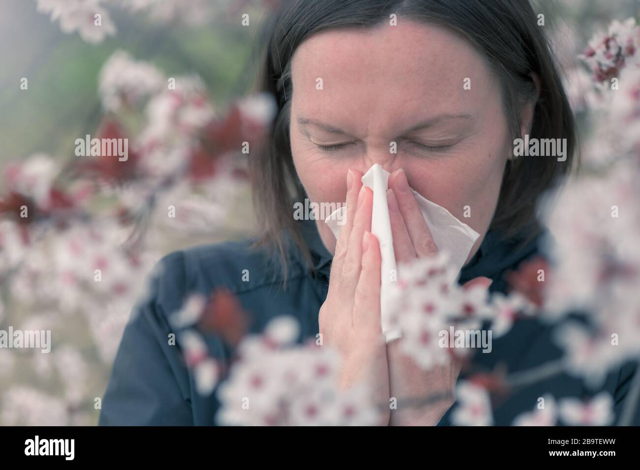 Tree Pollen Allergy In Springtime Concept Woman Blowing And Wiping Her Nose With Paper 0839