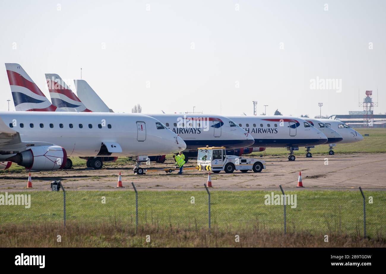 British Airways aircraft parked at Norwich Airport after reduced flights amid travel restrictions and a huge drop in demand as a result of the coronavirus pandemic. Stock Photo