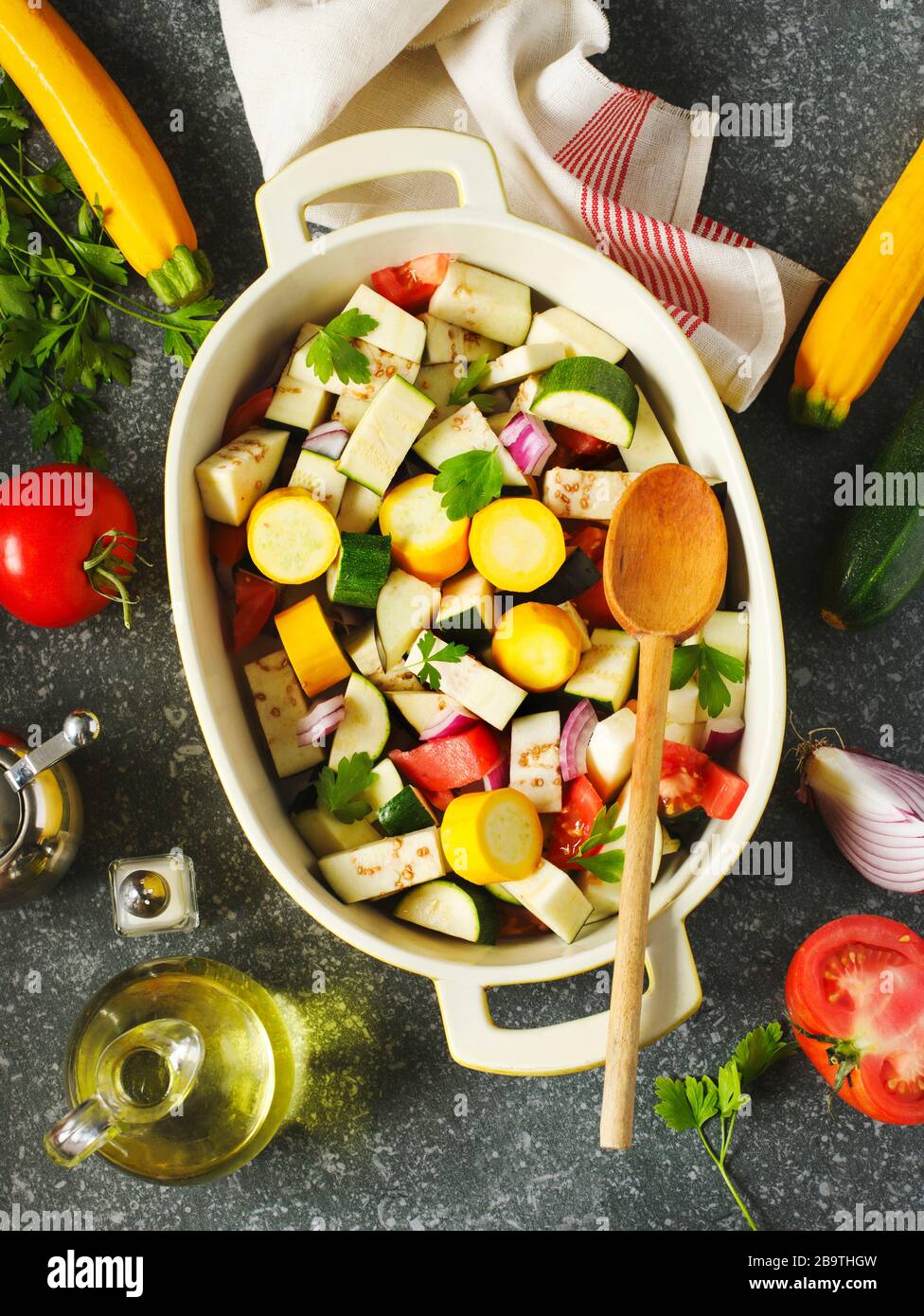 Fresh vegetables and cooking pan on table, top view. Healthy food and ...