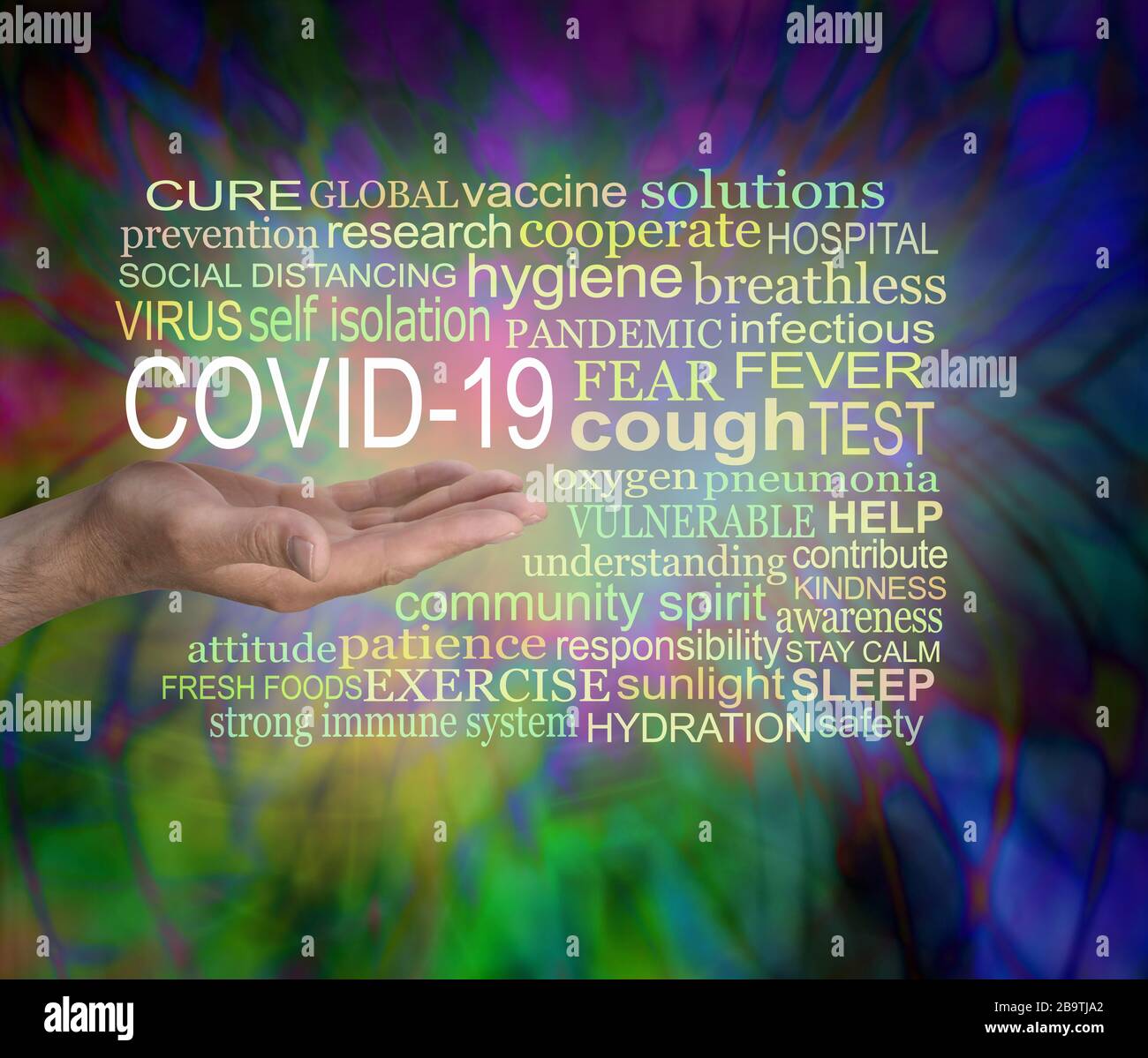 Coronavirus COVID 19 awareness tag word cloud - male open palm hand with the words COVID 19 surrounded by a relevant word cloud Stock Photo
