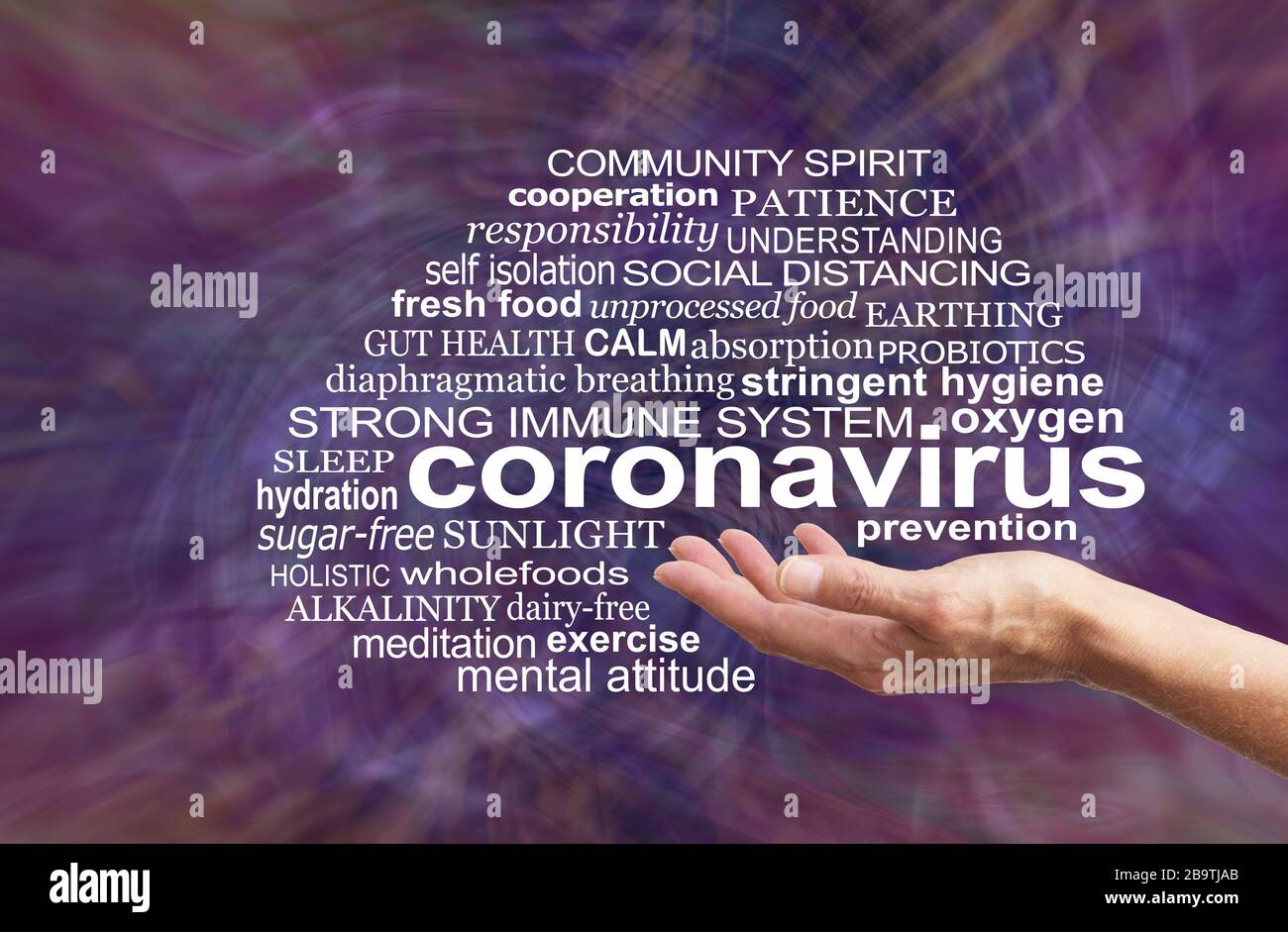 Coronavirus prevention word cloud - female open palm hand with the words CORONAVIRUS PREVENTION surrounded by a relevant word cloud Stock Photo