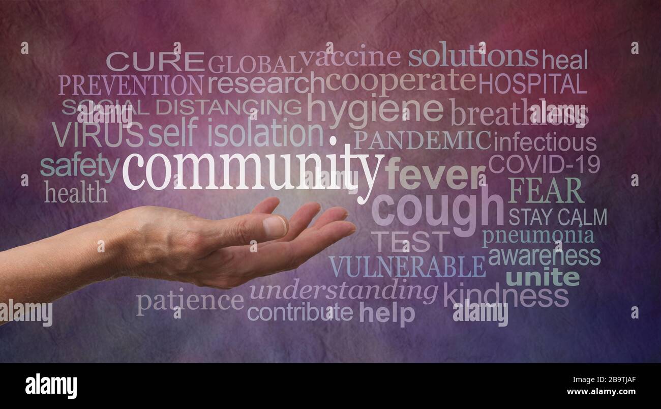 Stay Calm in the Community Covid-19 Pandemic Word Cloud - female open palm with COMMUNITY floating about surrounded by a coronavirus word cloud Stock Photo