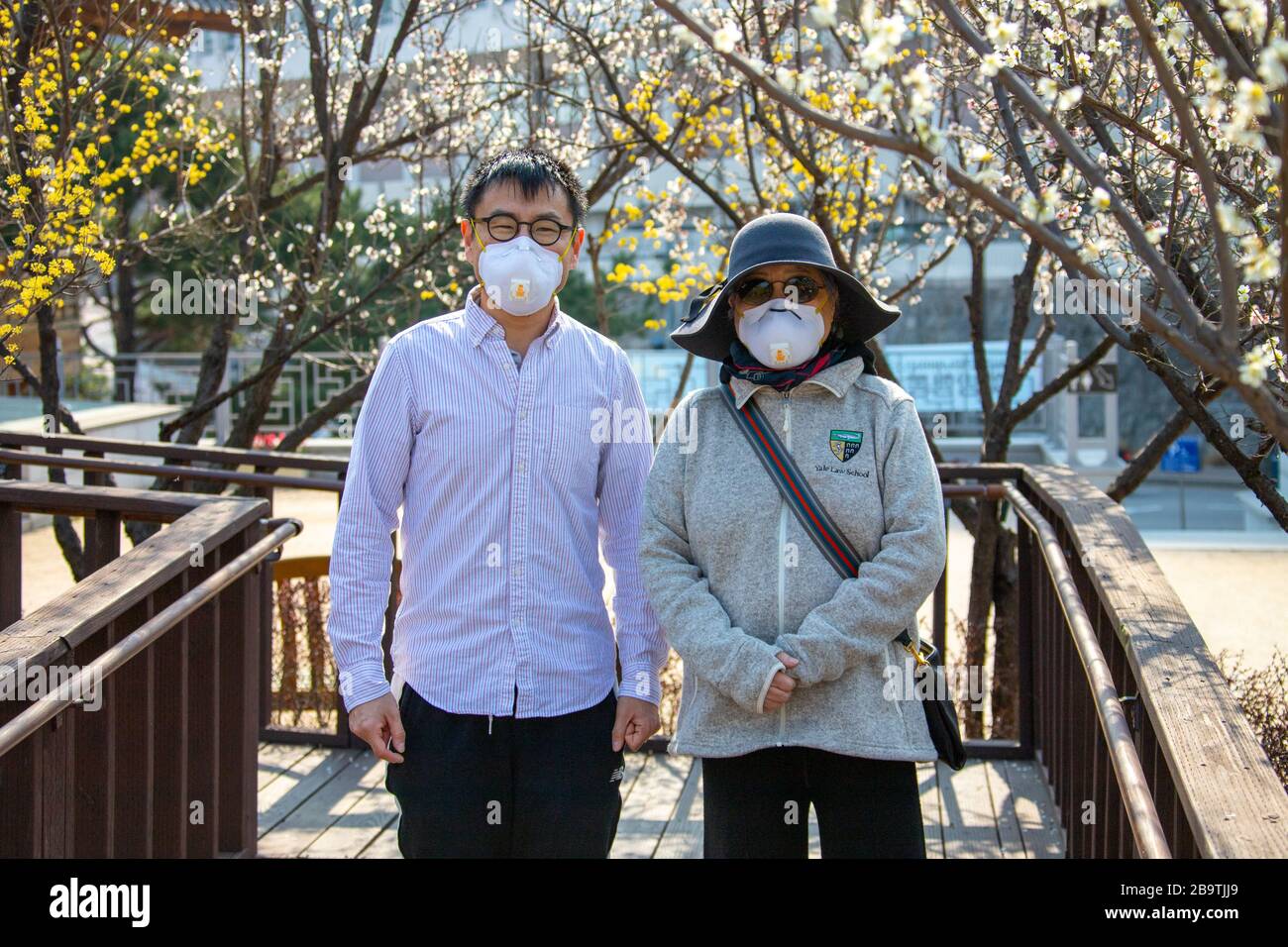 Mother and son Korean Americans during the Coronavirus Pandemic in Seoul, South Korea Stock Photo