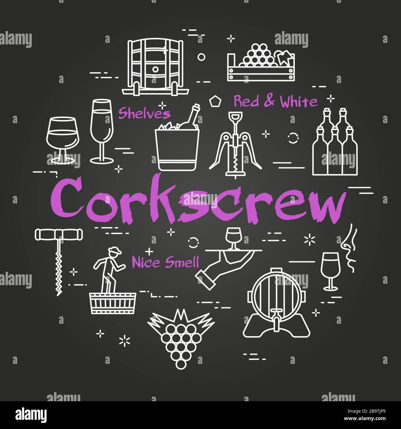 Vector black concept of winemaking with text Corkscrew Stock Vector