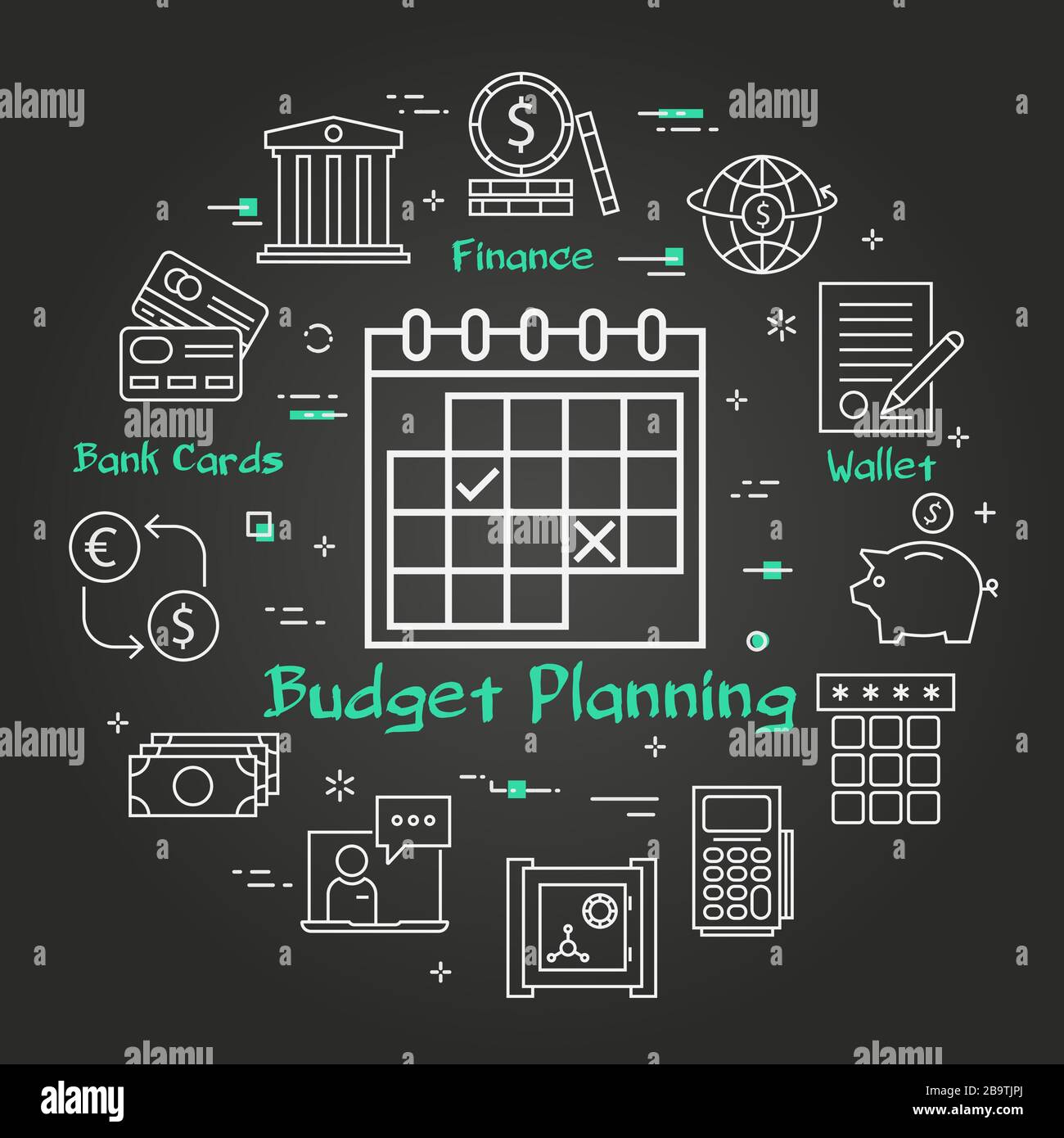 Vector black finance and banking budget planning concept Stock Vector