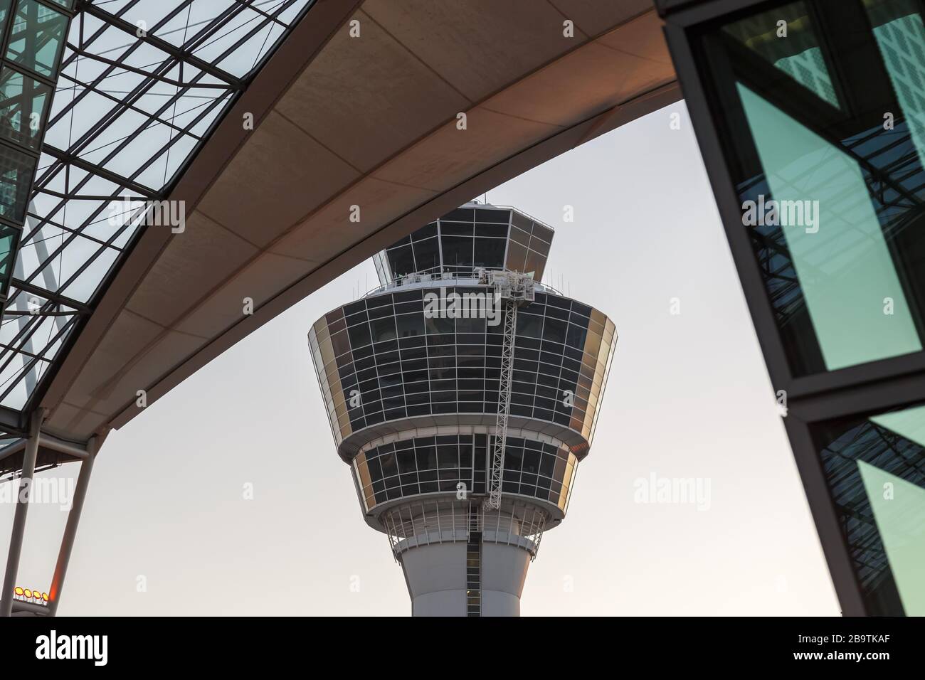 Munich, Germany – October 26, 2019: Tower at Munich airport (MUC) in Germany. Stock Photo