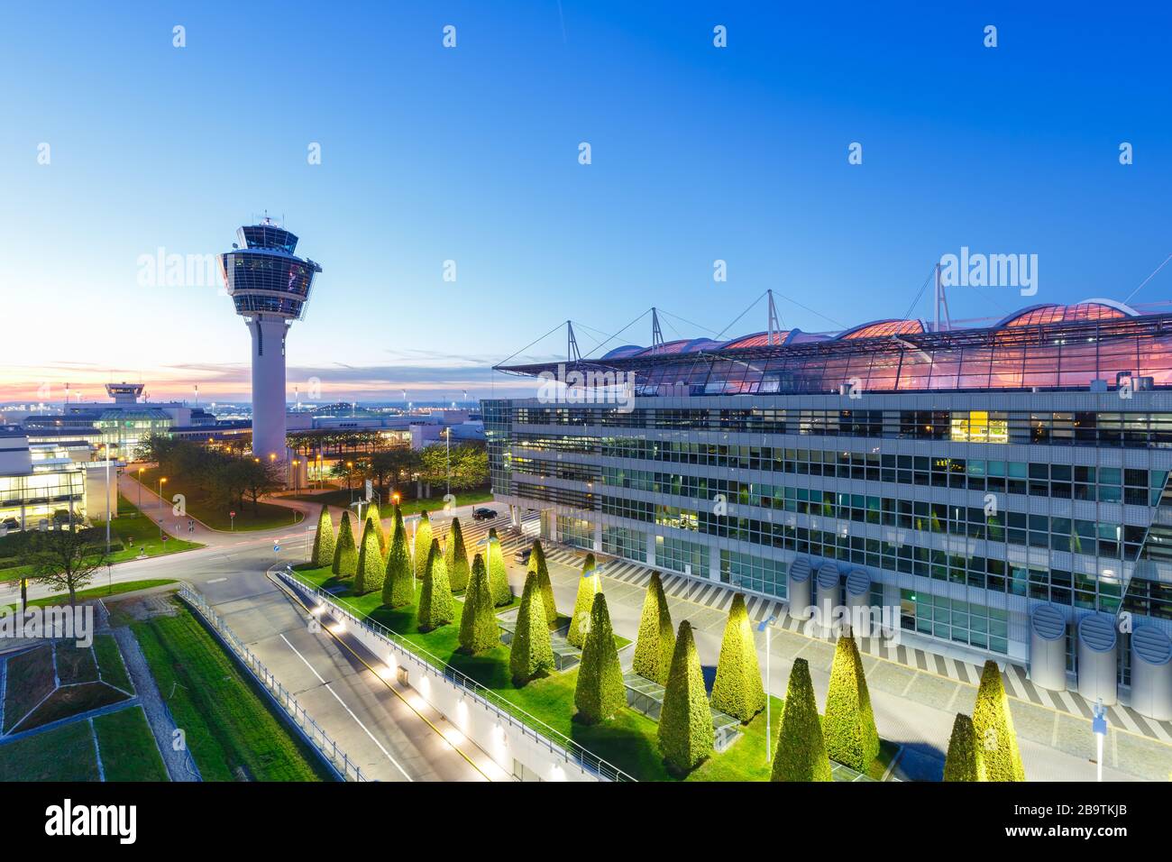 Munich, Germany – October 26, 2019: Munich Airport Center MAC and Tower in Germany. Stock Photo
