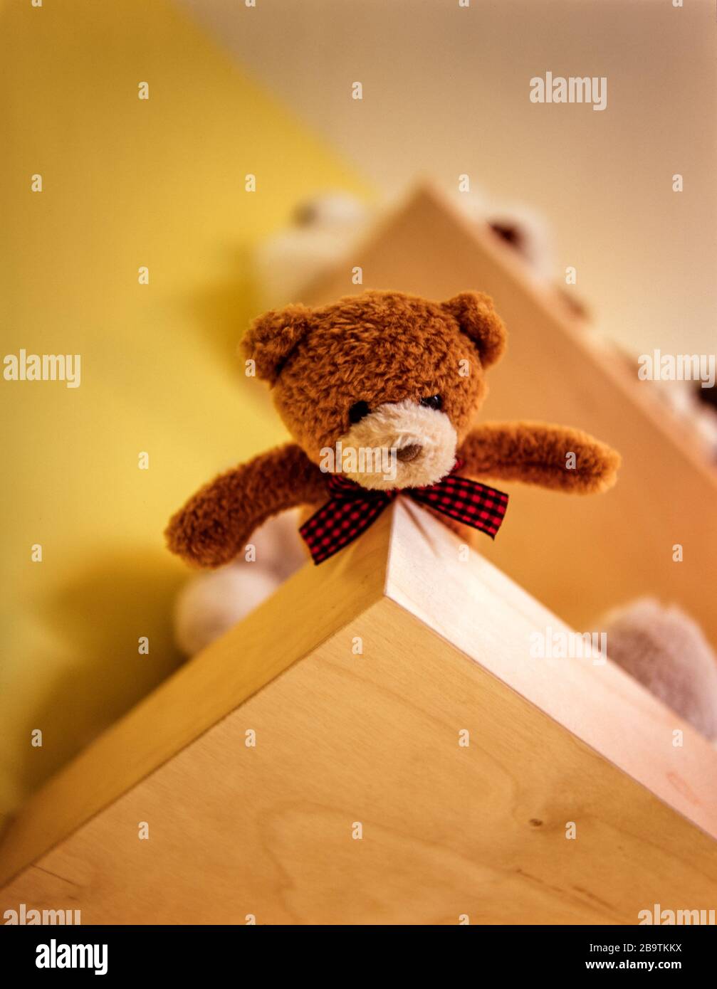 Teddy bear on high shelf Stock Photo