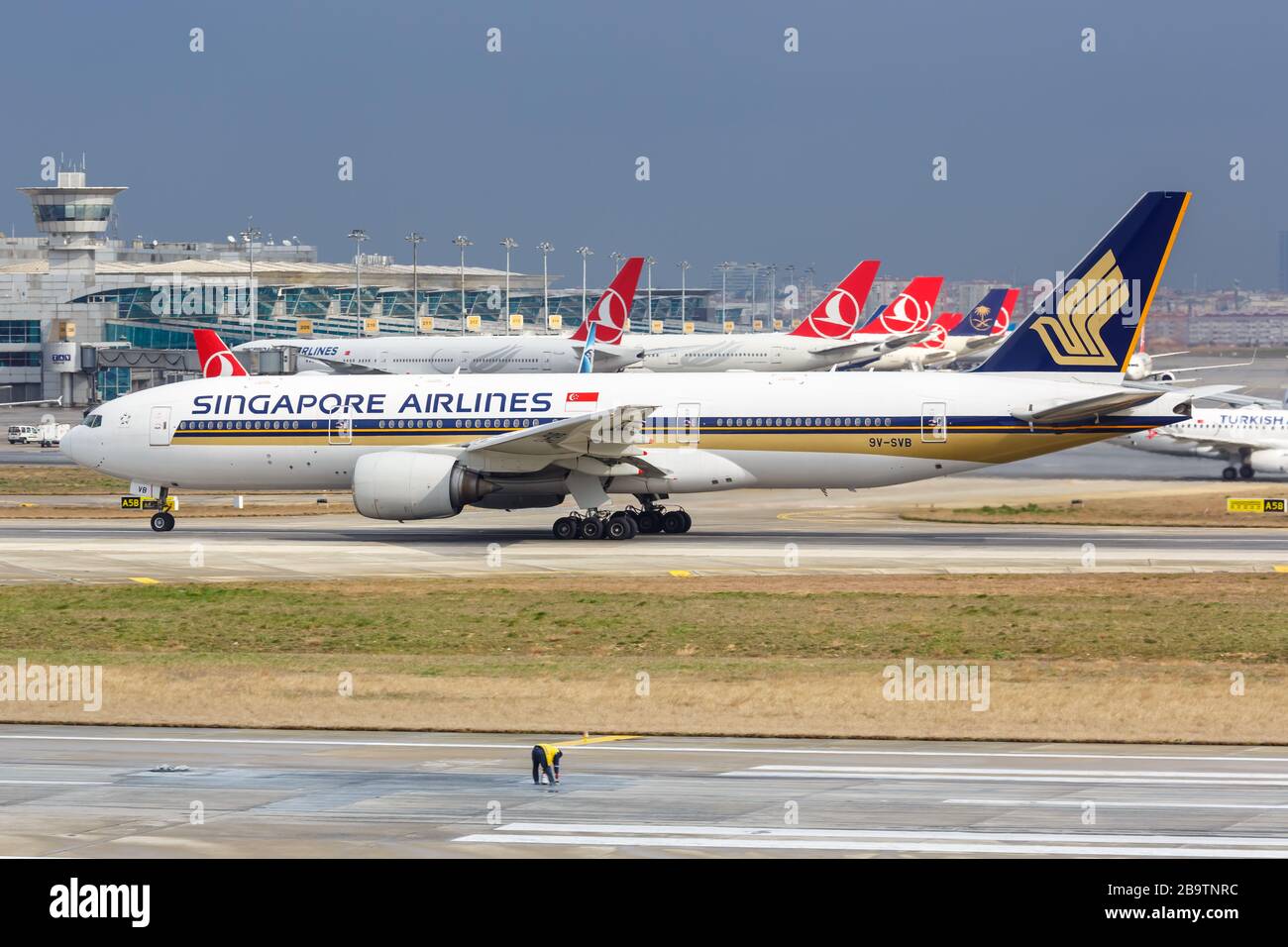 Istanbul, Turkey – February 15, 2019: Singapore Airlines Boeing 777 airplane at Istanbul Ataturk airport (IST) in Turkey. Boeing is an American aircra Stock Photo