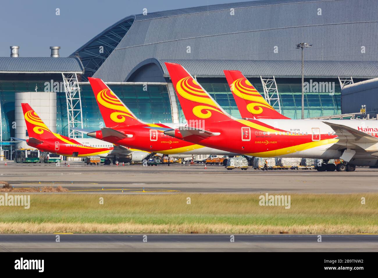Guangzhou, China – September 23, 2019: Hainan Airlines airplanes Tails at Guangzhou airport (CAN) in China. Stock Photo
