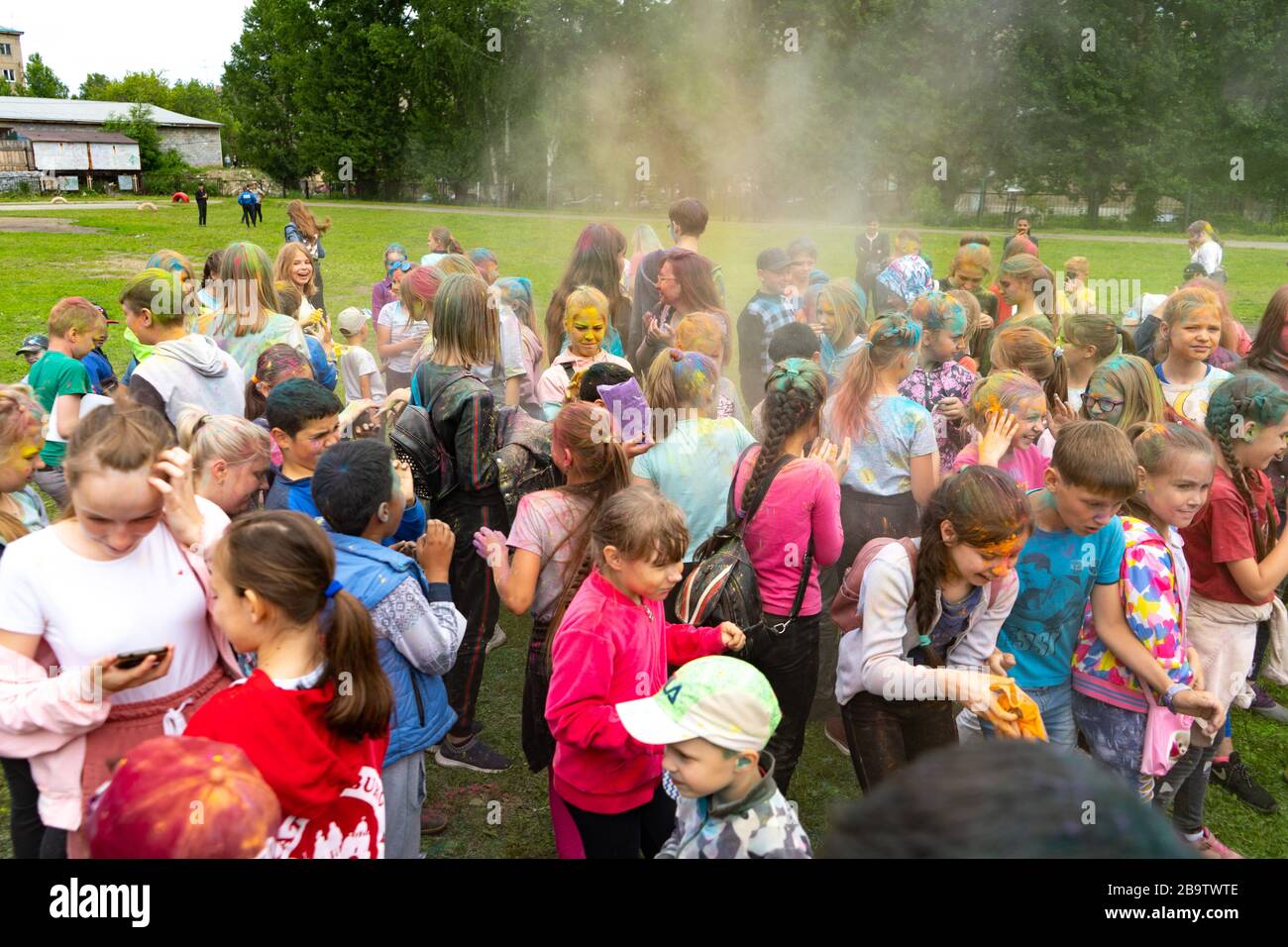 Chelyabinsk Region, Russia - JULY 2019. Festival of colors for children.Children of different nationalities are friends at the festival of colors. Stock Photo