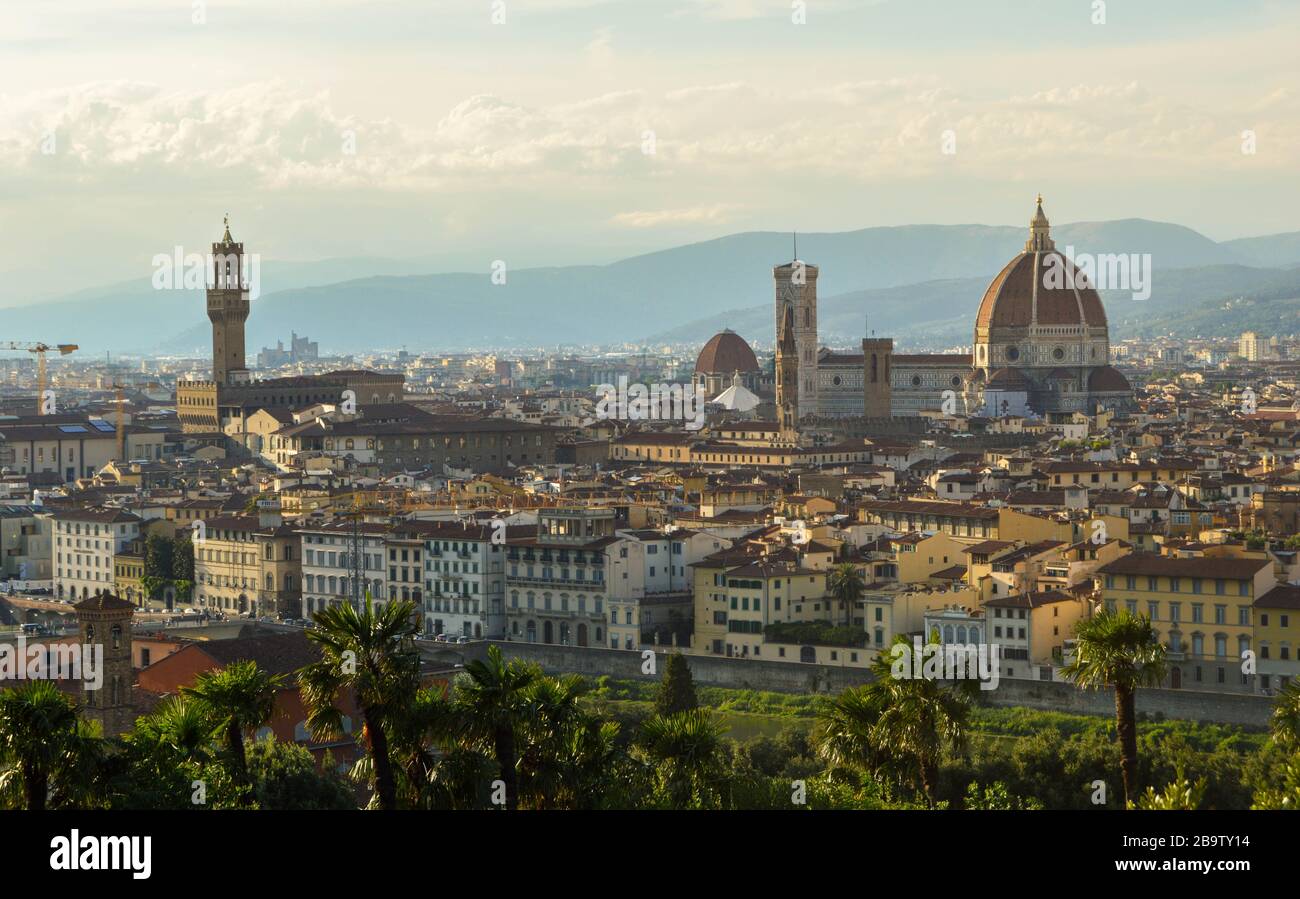 Florence old town, Palazzo Vecchio and Duomo (cathedral) seen from Piazzale Michelangelo, in Tuscany, Italy Stock Photo