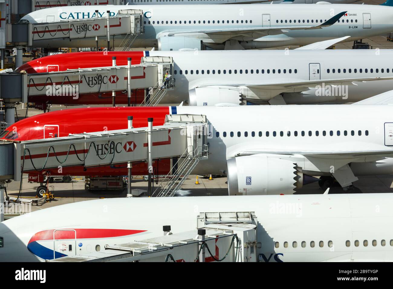Gatwick, United Kingdom – July 31, 2018: Airplanes aircraft types symbolic photo at London Gatwick airport (LGW) in the United Kingdom. Stock Photo