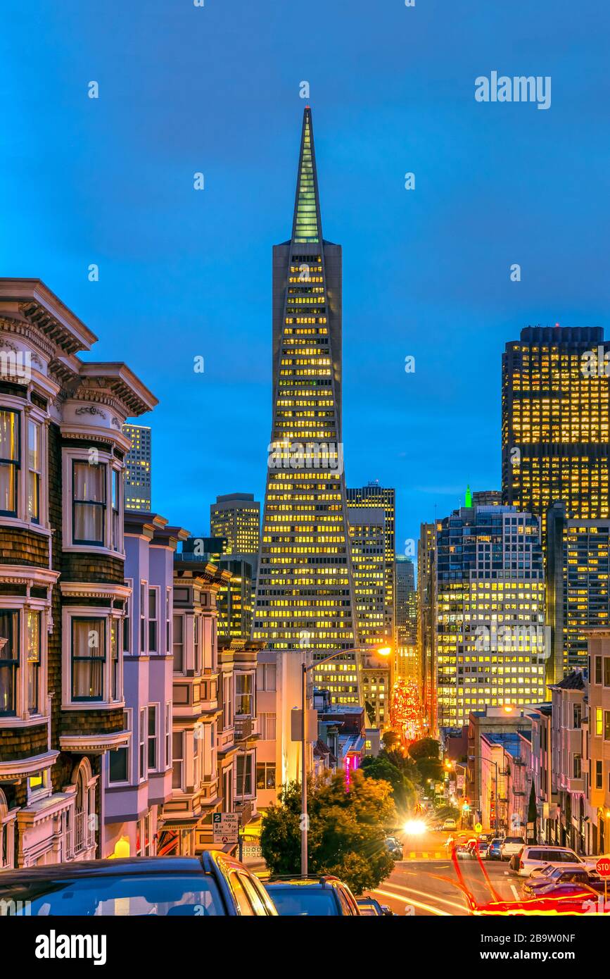 Night view of downtown skyline from North Beach district, San Francisco, California, USA Stock Photo
