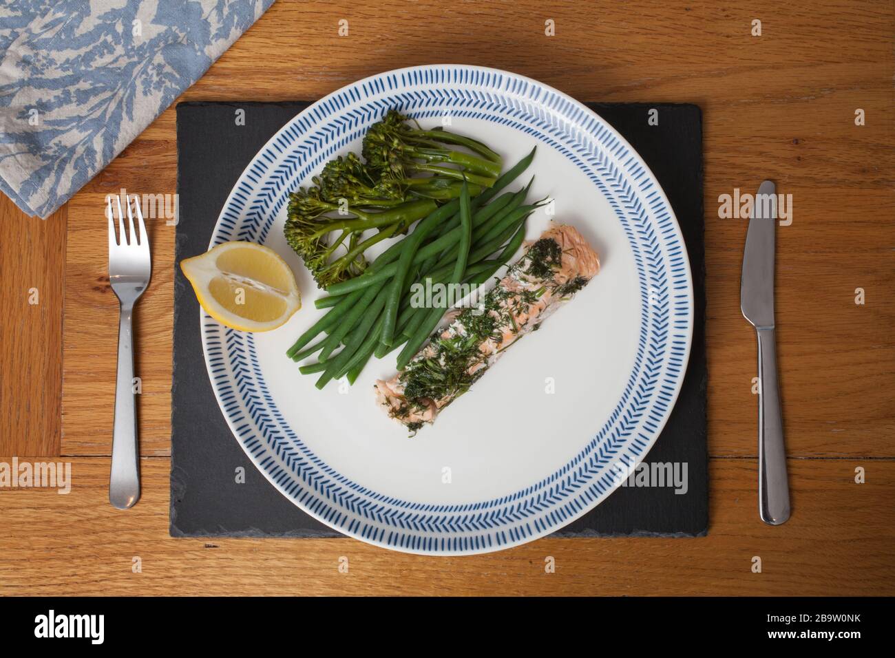 Oven baked salmon with dill, green beans and broccoli Stock Photo Alamy