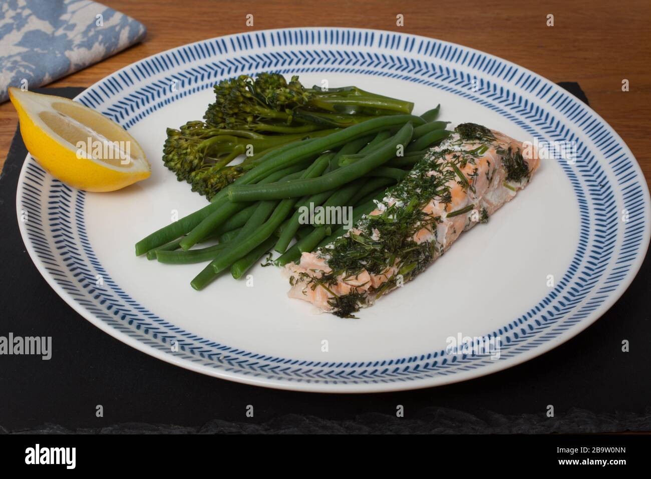 Oven baked salmon with dill, green beans and broccoli Stock Photo Alamy
