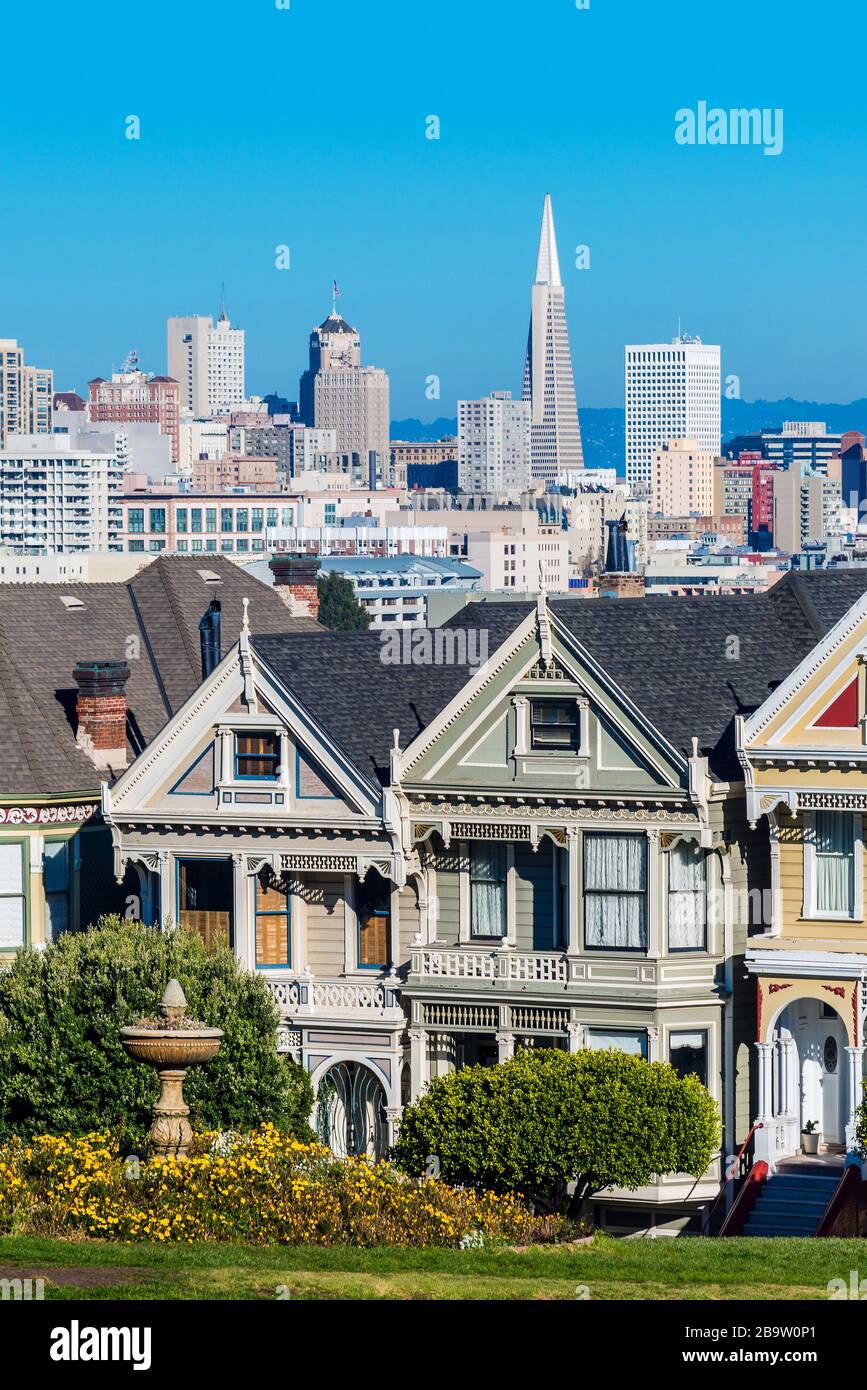 Alamo Square with the famous Painted Ladies Victorian houses, San Francisco, California, USA Stock Photo