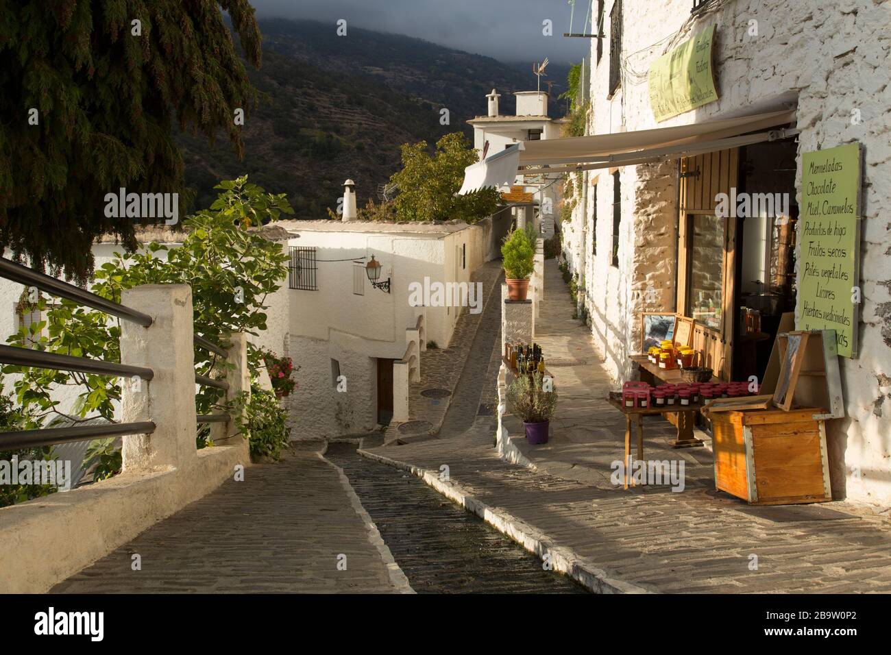 A steep street with an acequia water channel and artisan food shop in the village of Pampaneira, Alpujarra, Granada, Andalusia, Spain Stock Photo