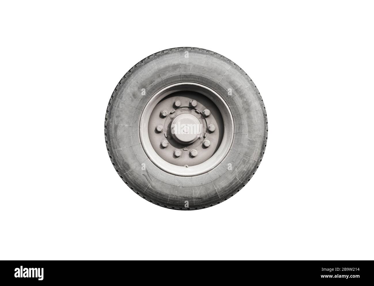 Dirty truck wheel isolated on white background Stock Photo