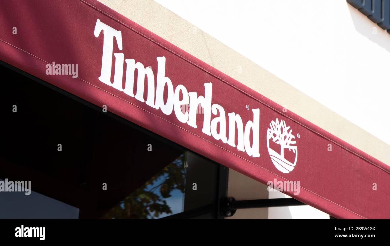 Palma de Mallorca, Spain - September 23, 2017.  Timberland store sign. Timberland LLC is an American manufacturer and retailer of outdoors wear, with Stock Photo