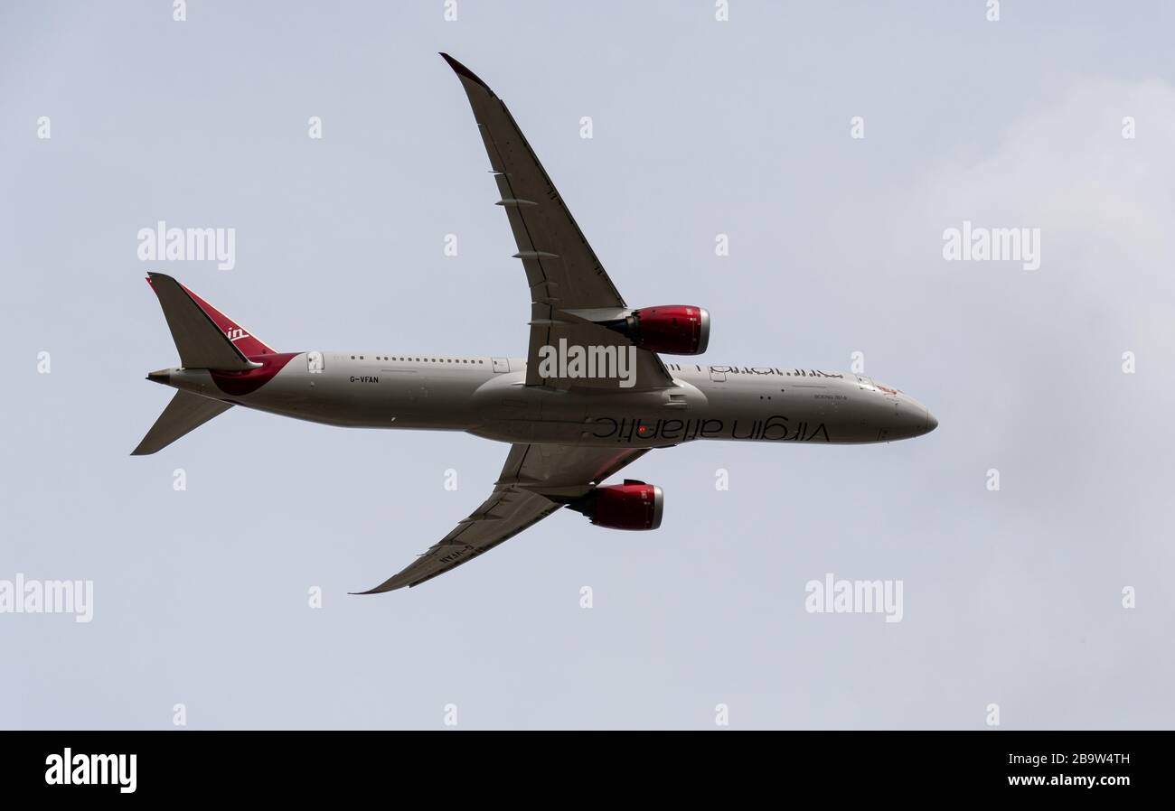 Heathrow, United Kingdom - August 03 2019:   Virgin Atlantic Boeing 787 Dreamliner registration G-VFAN,  flight number VS105 departs Heathrow airport Stock Photo