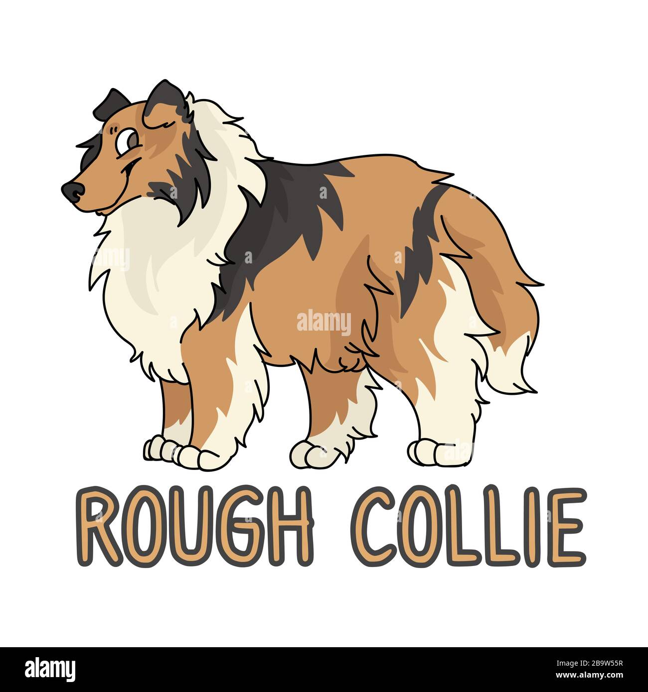 Cute cartoon rough collie dog breed with text word print vector clipart ...