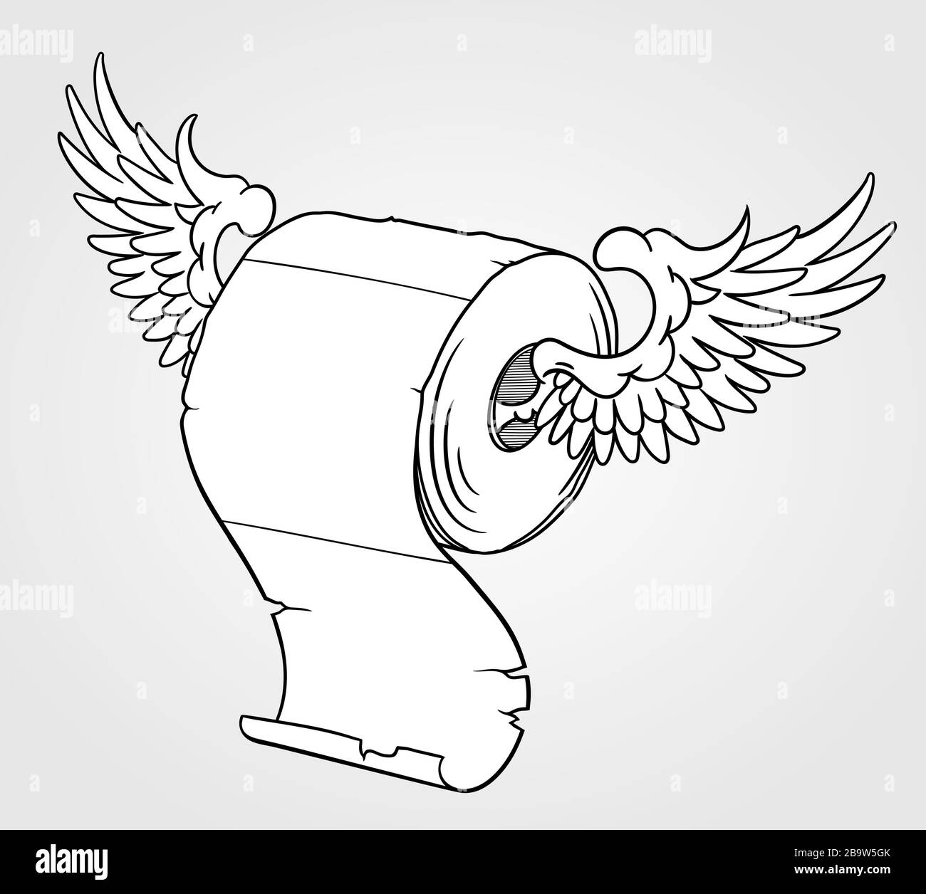 roll of toilet paper flying on the wings, hand drawn vector illustration about the world quarantine and buying deficite hygiene and sanitary items Stock Vector