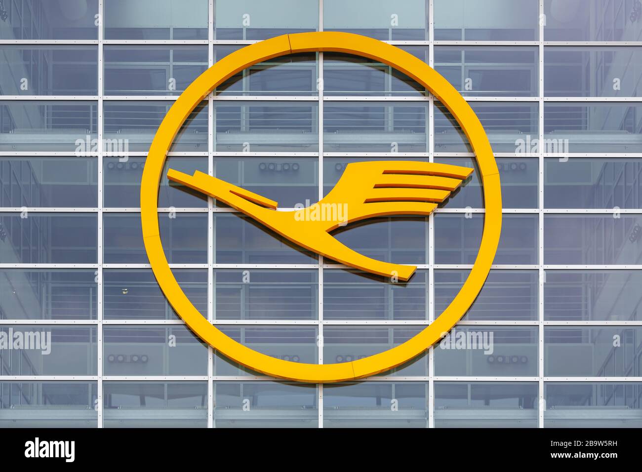 Frankfurt, Germany – April 25, 2018: Lufthansa crane Logo at Frankfurt airport (FRA) in Germany. Stock Photo