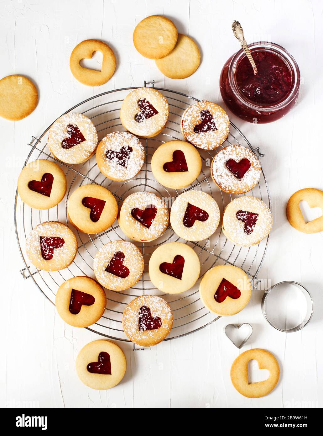 Traditional Linzer cookie with strawberry jam, top view Stock Photo