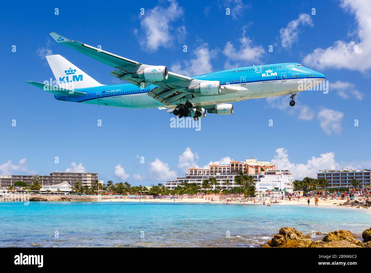 Sint Maarten – September 16, 2016: KLM Royal Dutch Airlines Boeing 747-400 airplane at Sint Maarten airport (SXM) in Sint Maarten. Boeing is an Americ Stock Photo